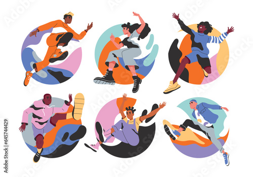 Energetic people run and jump set. Happy free young characters lead active lifestyle, set goals and new heights. Adrenaline, enthusiasm and sport. Cartoon flat vector isolated on white background