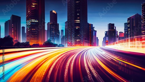 Long exposure of night city. Car motion trails on road. Speed light streaks background with blurred