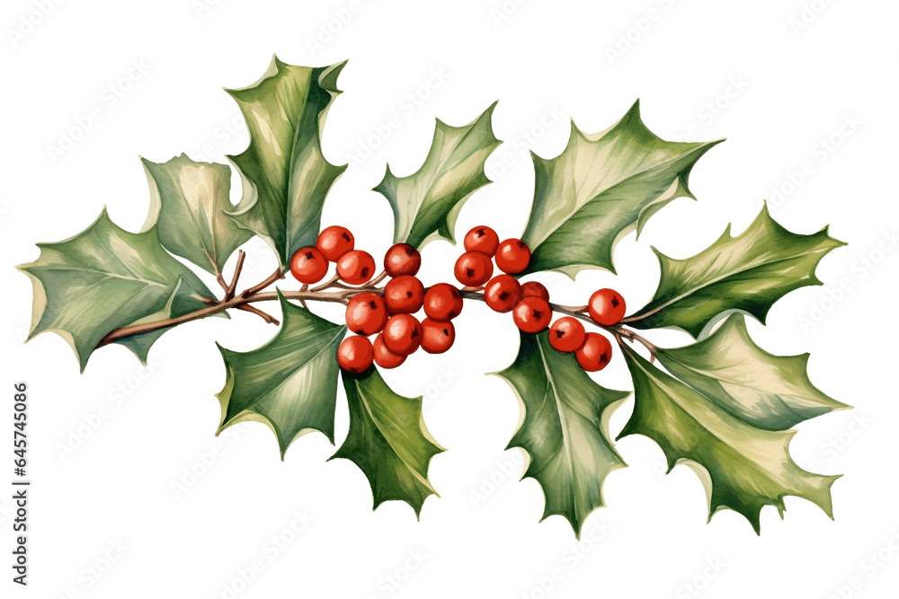 Isolated holly branch clip art on a transparent white background, suitable for Christmas and New Year's decorations in a winter season. Isolated holly branch clip art on a transparent white background, suitable for Christmas and New Year's decorations in a winter season.