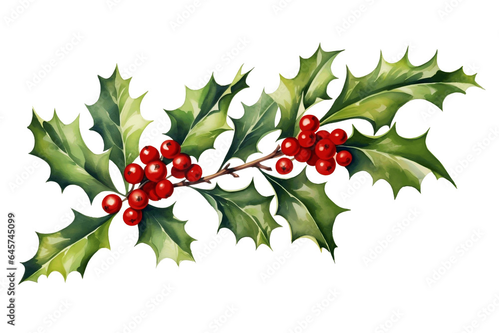 Isolated watercolor holly branch clip art on a transparent white background, suitable for Christmas and New Year's decorations in a winter season. Isolated watercolor holly branch clip art on a transparent white background, suitable for Christmas and New Year's decorations in a winter season.
