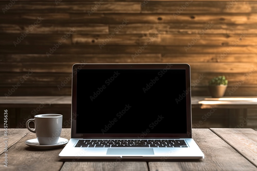 Fototapeta premium Laptop on wooden table and coffee in mug. Digital office. Computer and creativity. Modern workspaces. Technology and design converge. Code and comfort contemporary workspace