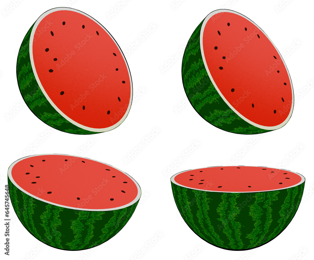A 2D illustration of a watermelon sliced neatly in half, featuring a minimal grain effect for a stylish and artistic appearance. A 2D illustration of a watermelon sliced neatly in half, featuring a minimal grain effect for a stylish and artistic appearance.