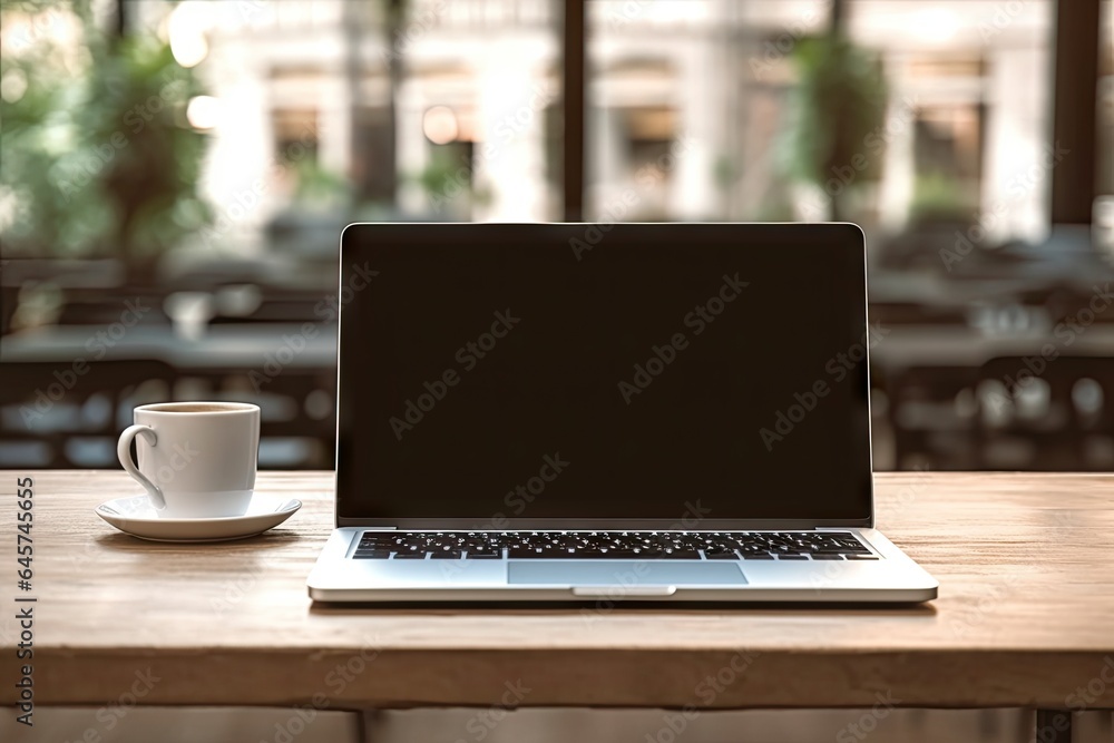 Laptop on wooden table and coffee in mug. Digital office. Computer and creativity. Modern workspaces. Technology and design converge. Code and comfort contemporary workspace Laptop on wooden table and coffee in mug. Digital office. Computer and creativity. Modern workspaces. Technology and design converge. Code and comfort contemporary workspace