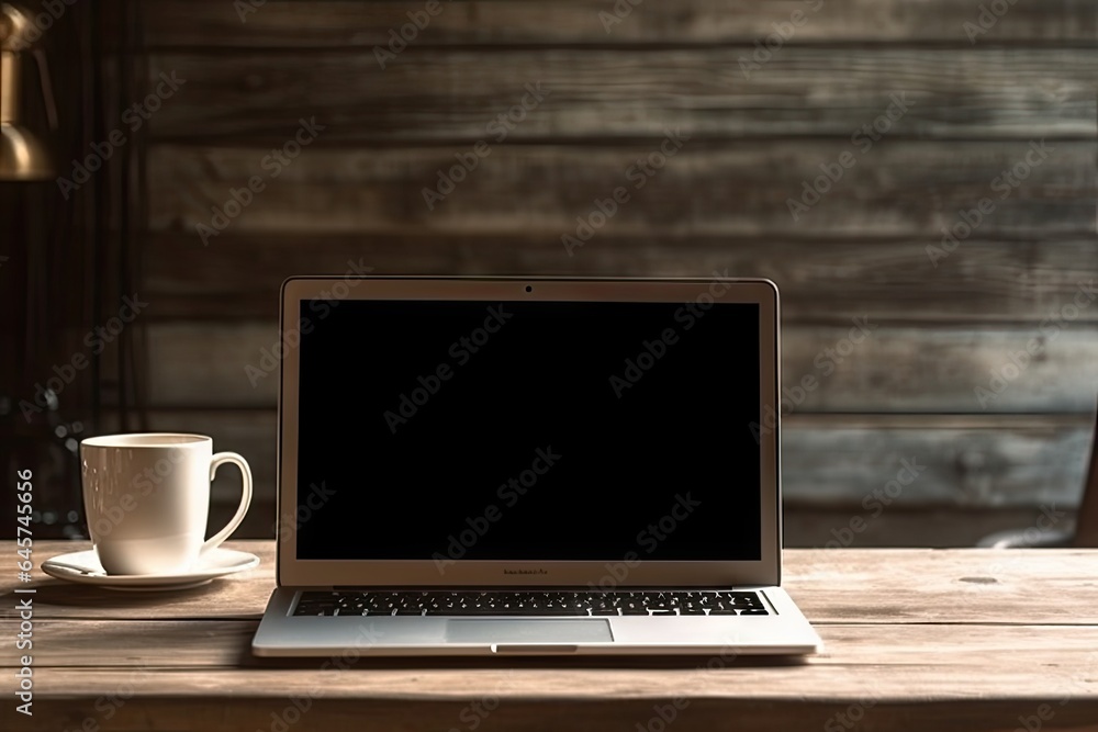 Fototapeta premium Laptop on wooden table and coffee in mug. Digital office. Computer and creativity. Modern workspaces. Technology and design converge. Code and comfort contemporary workspace