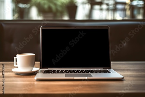 Laptop on wooden table and coffee in mug. Digital office. Computer and creativity. Modern workspaces. Technology and design converge. Code and comfort contemporary workspace