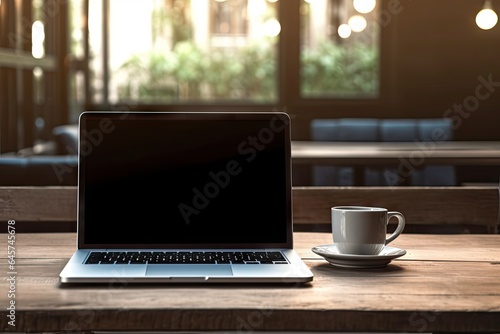 Laptop on wooden table and coffee in mug. Digital office. Computer and creativity. Modern workspaces. Technology and design converge. Code and comfort contemporary workspace