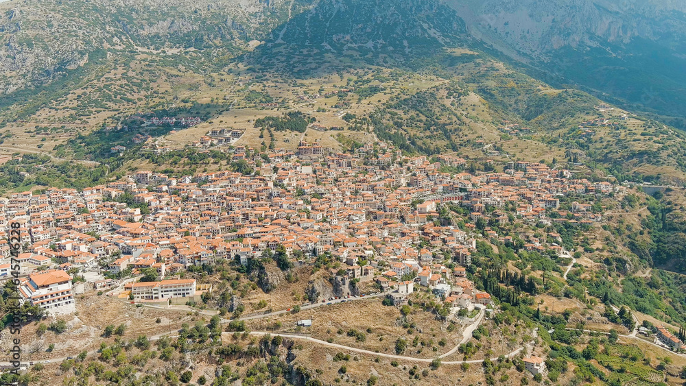 Arachova, Greece. Arachova is a small town in Greece, in the community of Distomon-Arachova-Andikira. Sunny weather with clouds. Summer, Aerial View