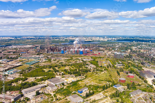 Fototapeta Naklejka Na Ścianę i Meble -  Lipetsk, Russia. Metallurgical plant. Blast furnaces. City view in summer. Sunny day. Aerial view