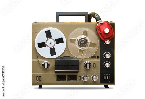 Old reel to reel tape recorder 1970s, 1980s isolated on white background. Vintage recording equipment. photo