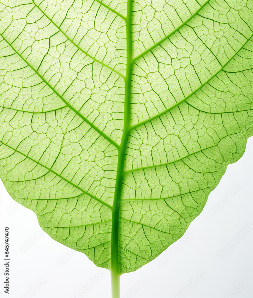 Obraz premium Green leaf on white background, macro detail