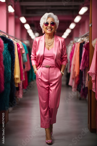 Full body shot of a Happy senior woman in colorful pink outfit, cool sunglasses, laughing and having fun in fashion studio. Image created using artificial intelligence. © kapros76