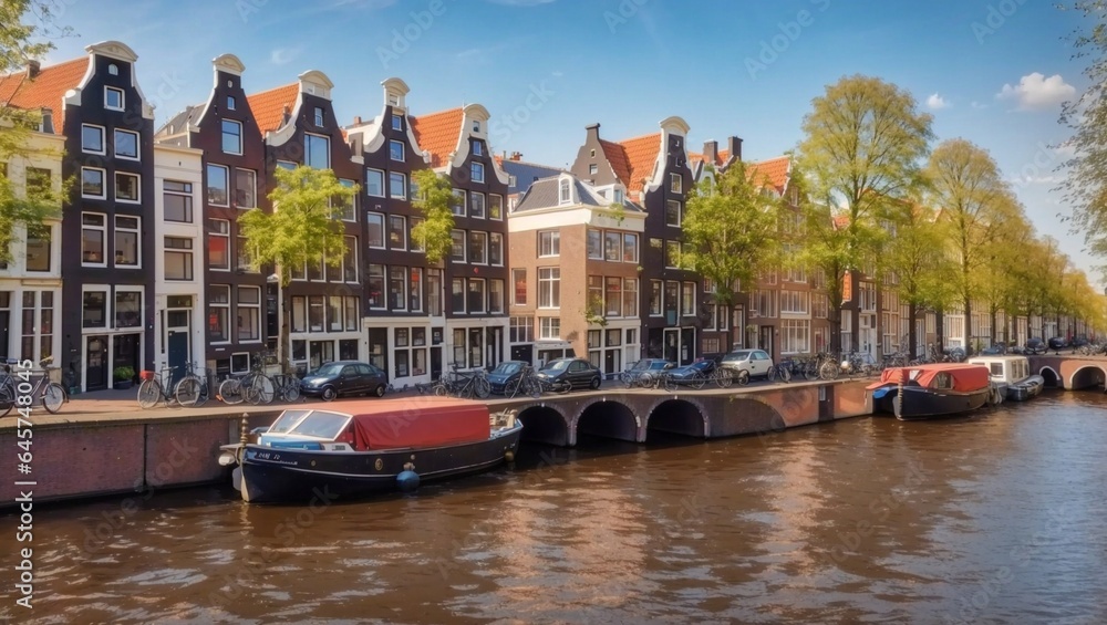 City view of amsterdam canals and typical houses holland nether

