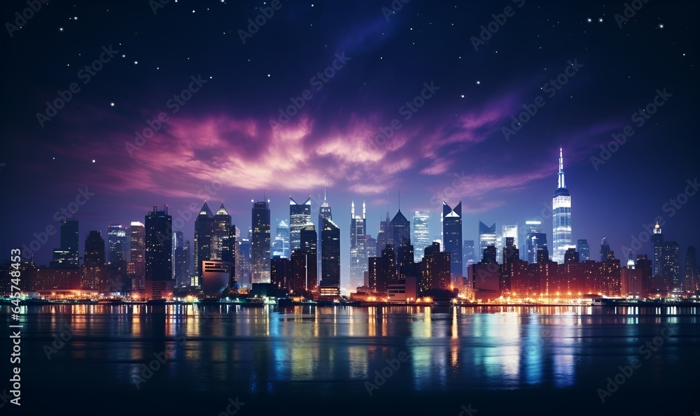 Fototapeta premium night city view from riverside, generative ai