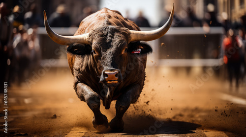A bull with big horns that rushes into a bullfight photo