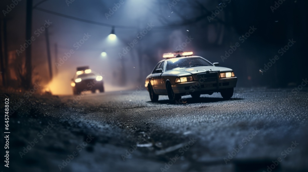 Action movie concept. Police cars and miniature movie set on dark toned background with fog. Police car chasing a car at night. Scene of crime accident. Selective focus