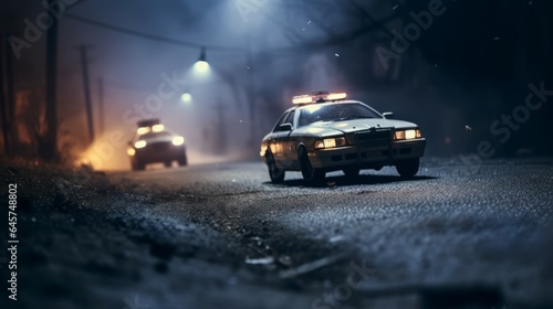 Action movie concept. Police cars and miniature movie set on dark toned background with fog. Police car chasing a car at night. Scene of crime accident. Selective focus