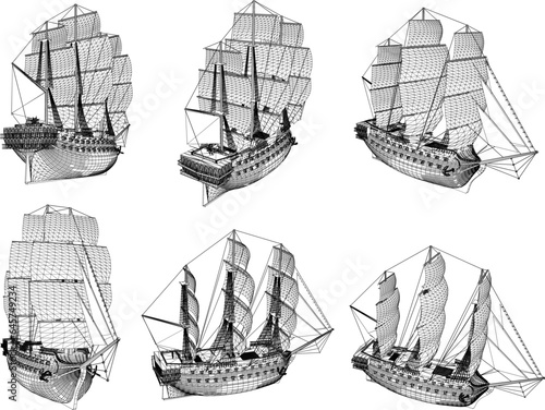 Sketch vector illustration of a sailing ship design with a cannon