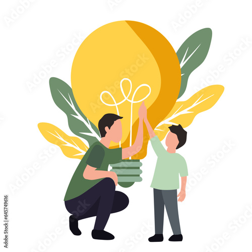 father helps son find ideas in learning vector illustration with flat design. father encouraging son