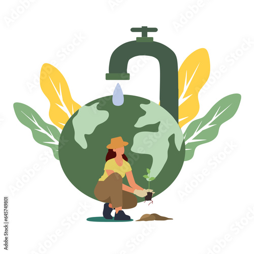 Vector illustration People save planet . Cartoon flat ecologist activist characters protect green nature, earth globe ecology and environment. Ecological environmental protection