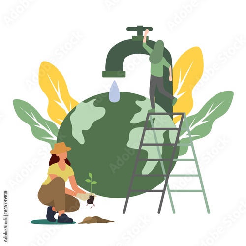 Vector illustration People save planet . Cartoon flat ecologist activist characters protect green nature, earth globe ecology and environment. Ecological environmental protection