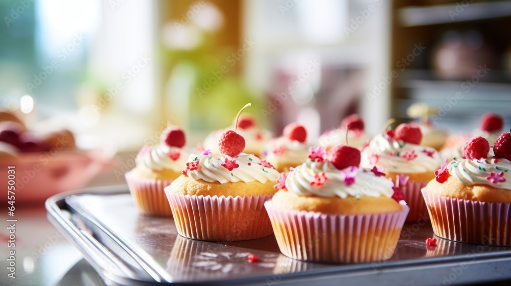 Baking tray with delicious cupcakes on table in kitchen, closeup