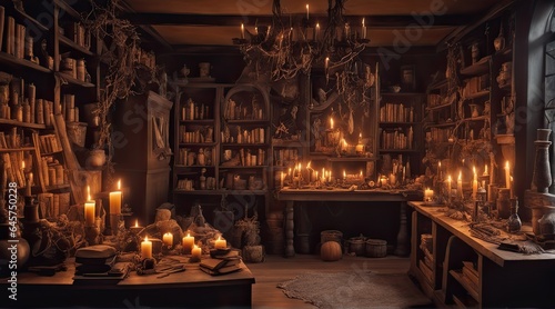 Mystical Witch's Lair: Potions, Spellbooks, and Candlelit Enchantment, Halloween, AI Generated.