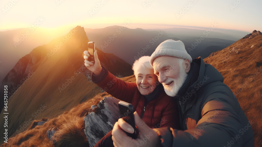 Senior tourist couple man and woman hiking and taking selfie at top beautiful mountains, sunset light - obrazy, fototapety, plakaty 