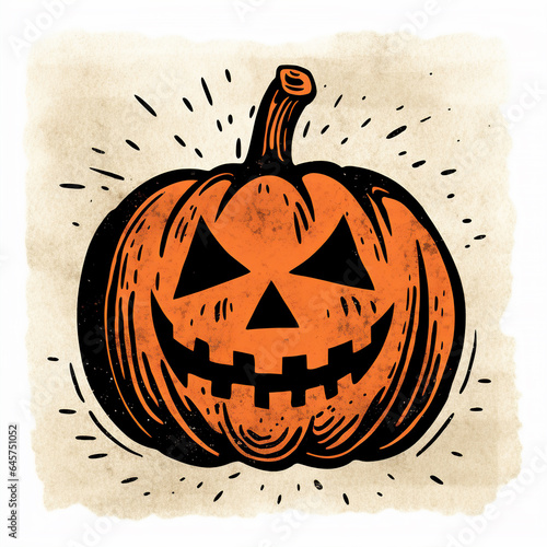 Orange Scary Halloween Jack’O’Lantern Pumpkin Block Print Illustration