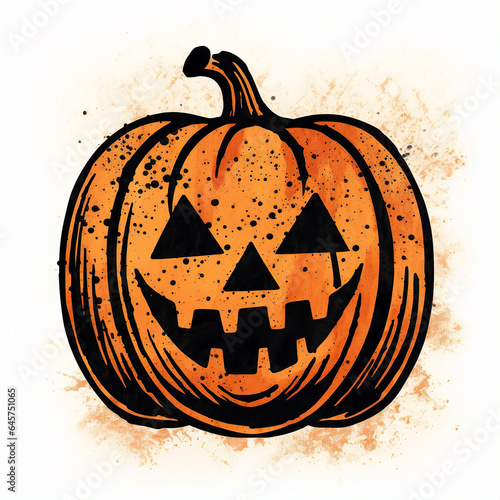 Orange Scary Halloween Jack’O’Lantern Pumpkin Block Print Illustration