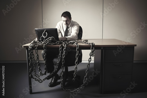 Man businessman office worker chained to workplace computer. Concept slave work , overwork irregular working hours photo