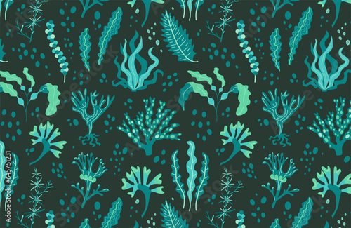 Seamless pattern of edible algae: Kelp, Spirulina, Chlorella, Bladderwrack, Hijiki, Sea lettuce, Sea Grapes, Kombu, Fukus, Wakame, Dulse. Dark blue seaweed background. Sea plants wallpaper. 