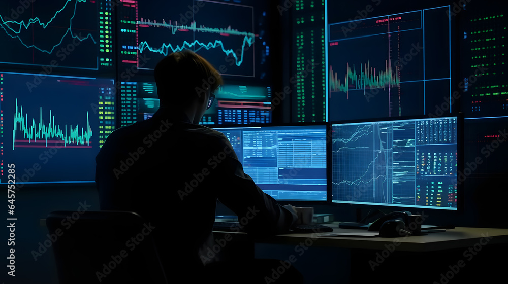 Market Charts , Banner crypto currency trader, Financial stock exchange working on computer screen, , neon color. Generation AI.