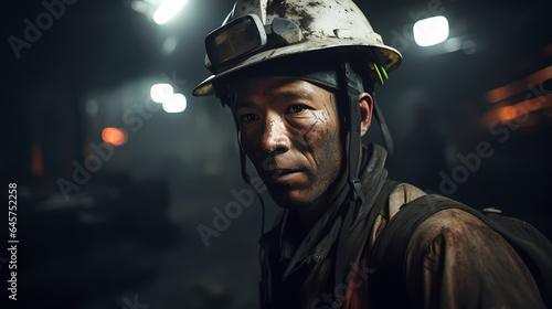 Portrait miner man with headlamps entering underground coal mine. Concept hard mining working. Generation AI