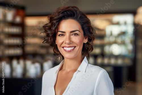 Smiling middle eastern woman with brunette hair inside store.