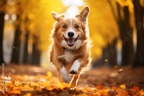 Happy dog running in the falling autumn leaves © Guido Amrein