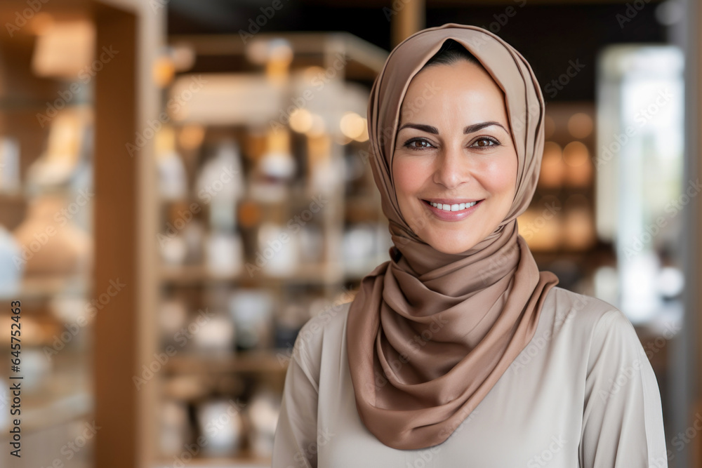 Smiling 45 year old woman with headscarf posing in a duty free store. Smiling 45 year old woman with headscarf posing in a duty free store.