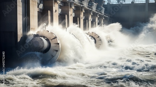 close-up of hydroelectric power plant, with water rushing through the turbines photo