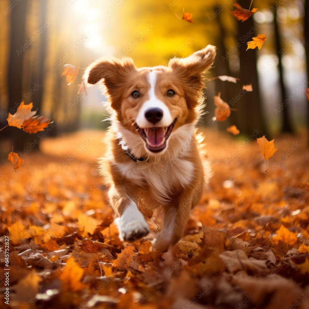 Happy dog running in the falling autumn leaves Happy dog running in the falling autumn leaves