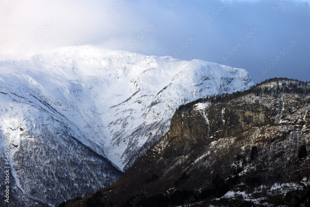Alpine winter landscape near Sogndalsfjora in Norway, Europe	
