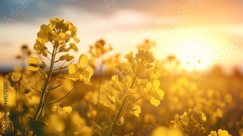 Close up of rapeseed blossom at sunset in field in late spring time