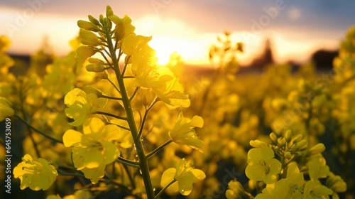 Fotografia, Obraz Close up of rapeseed blossom at sunset in field in late spring time