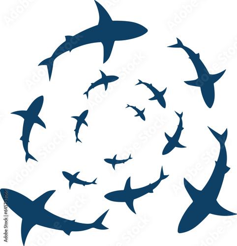 Fotomurale Illustration of a spinning group of sharks.