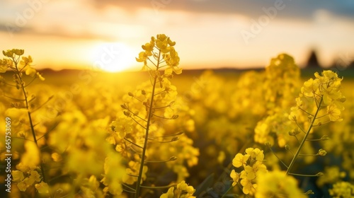 Obraz na plátne Close up of rapeseed blossom at sunset in field in late spring time