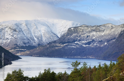 Alpine winter landscape near Sogndalsfjora in Norway, Europe 
