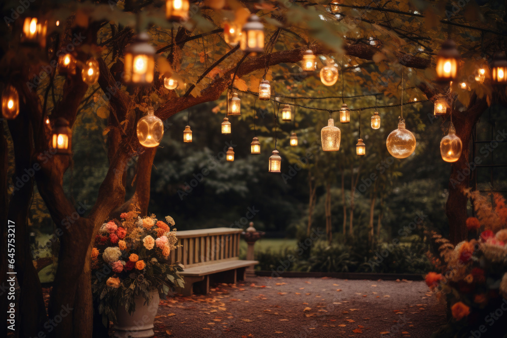 Lanterns hanging from tree branches, illuminating the garden with a warm glow. Autumn garden. Generative AI