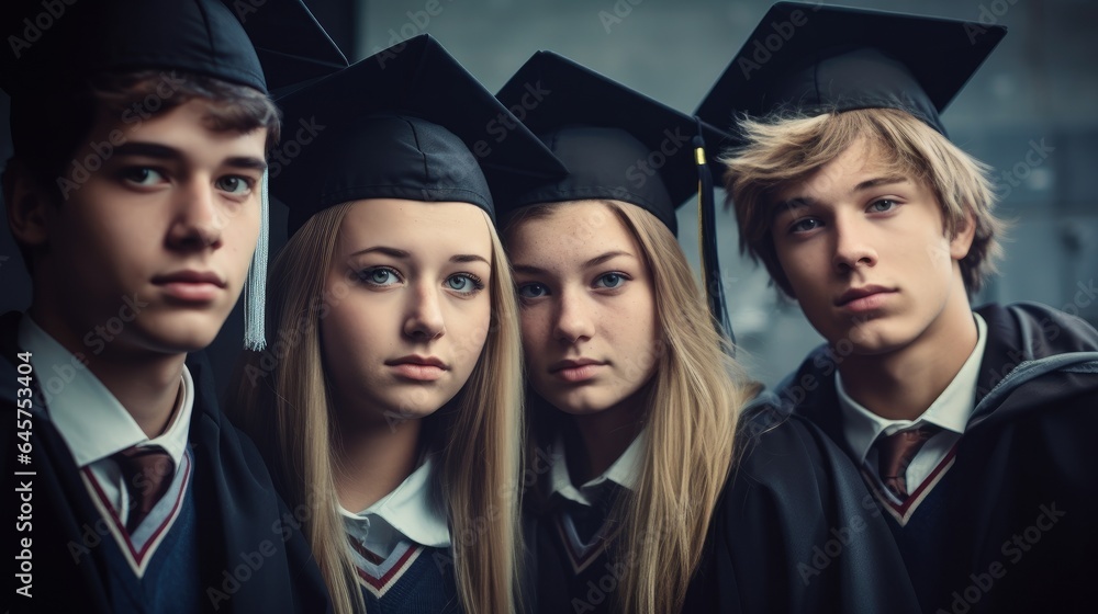 Obraz premium Group of young people wearing graduation caps and gowns.