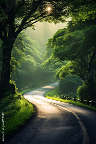 Summer country road bordered by vibrant green mountains