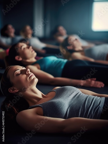 Group of women doing yoga in dark room.