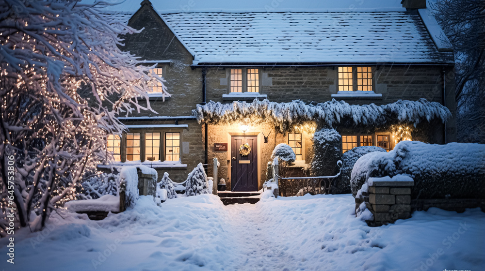 Christmas in the countryside, cottage and garden decorated for holidays on a snowy winter evening with snow and holiday lights, English country styling - obrazy, fototapety, plakaty 