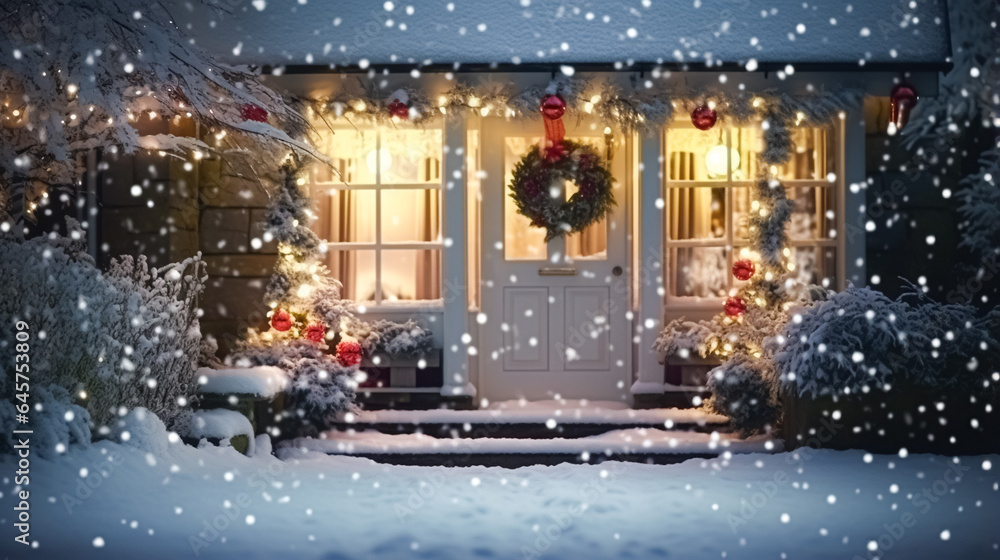 Christmas in the countryside, cottage and garden decorated for holidays on a snowy winter evening with snow and holiday lights, English country styling